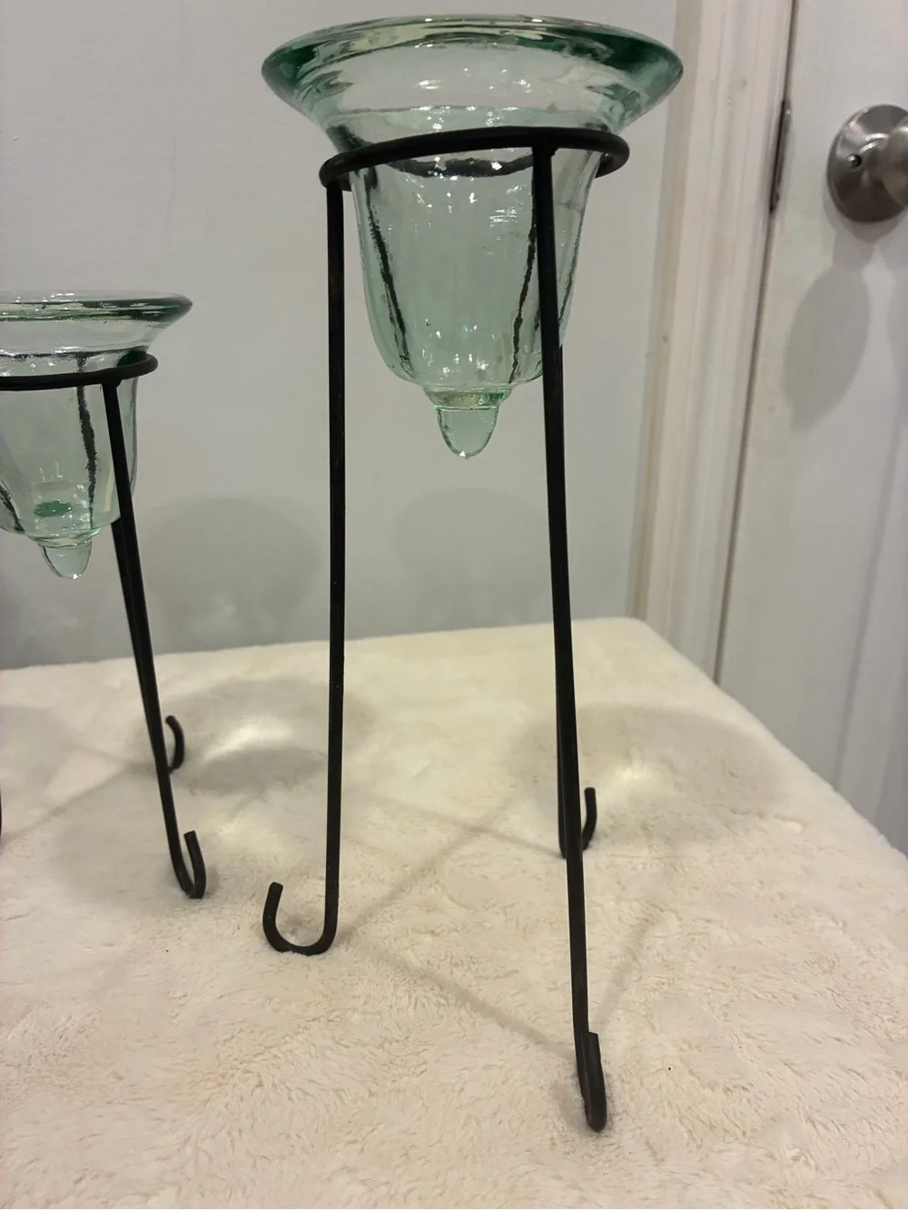 Green Tinted and Glass Candle Holders on Wrought Iron Metal Stand Set of 3